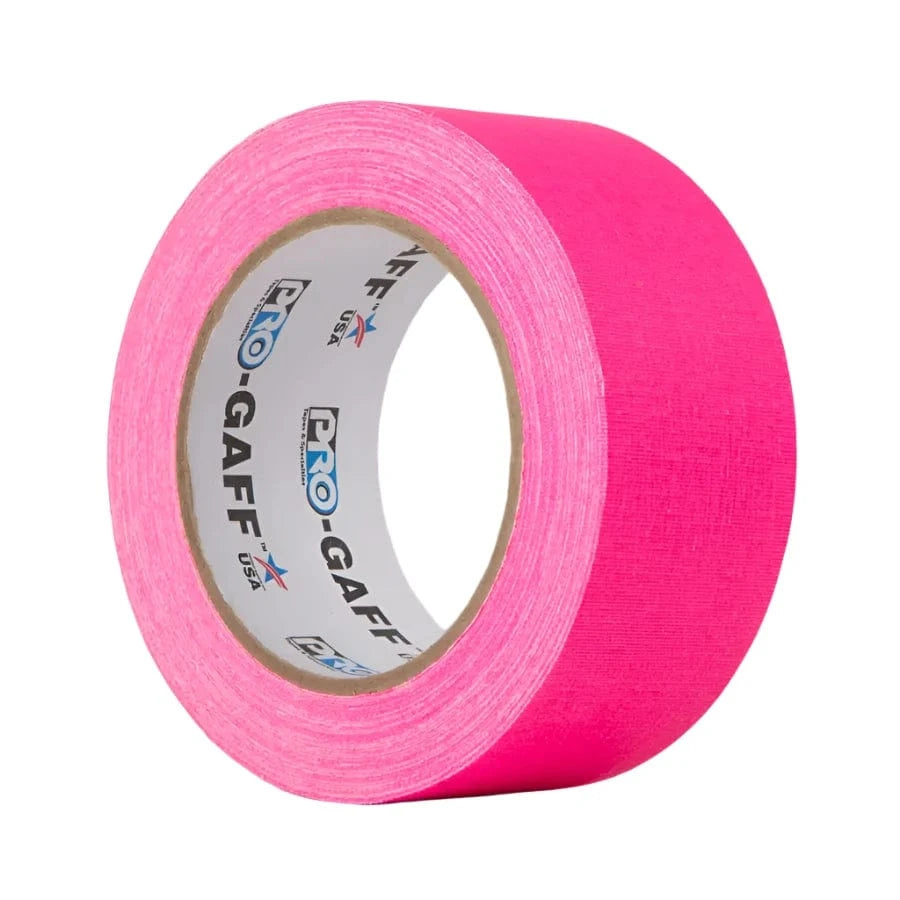 Pro-Gaff 48mm gaffer tape roll in fluorescent pink, three-quarter view with branded cardboard core