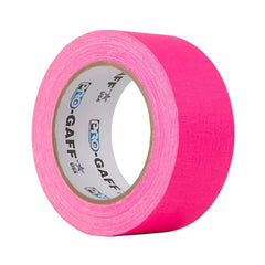 Pro-Gaff 48mm gaffer tape roll in fluorescent pink, three-quarter view with branded cardboard core