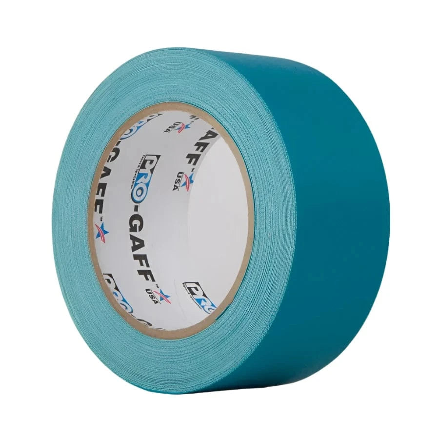 Pro-Gaff teal 48mm gaffer tape roll, three-quarter view showing the matt cloth texture and Pro-Gaff core