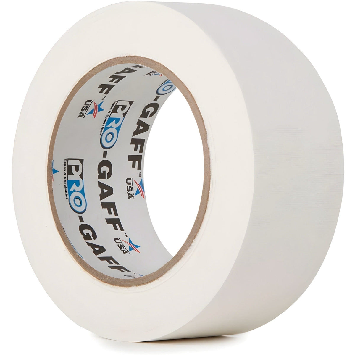 Pro-Gaff white 48mm gaffer tape roll, angled view with blue Pro-Gaff USA logos printed around the core