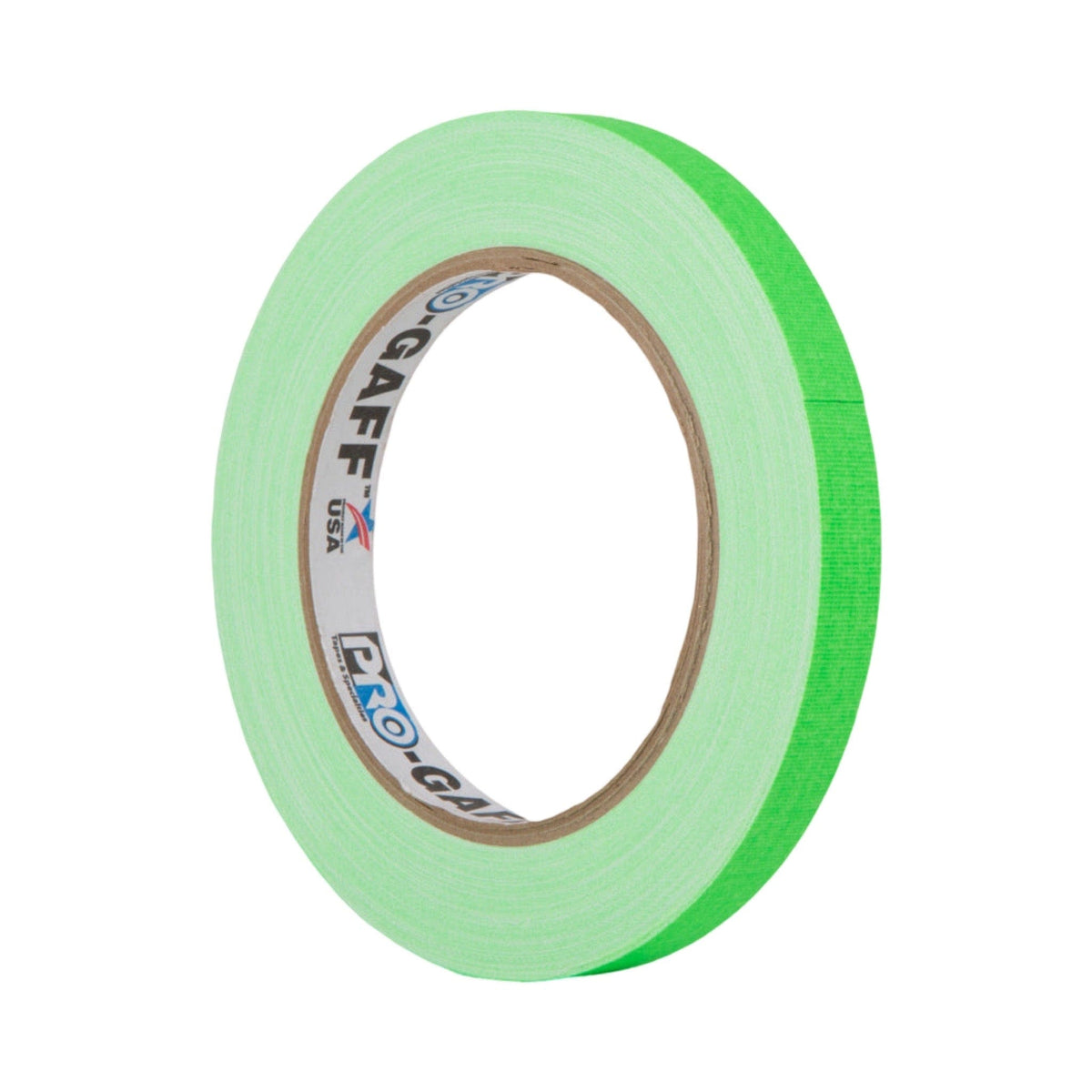 Thin 12mm roll of Pro-Gaff fluorescent green spike tape standing on edge, Pro-Gaff logo printed on the core