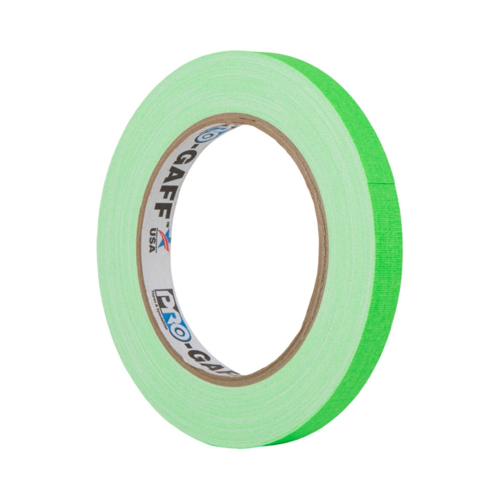Thin 12mm roll of Pro-Gaff fluorescent green spike tape standing on edge, Pro-Gaff logo printed on the core