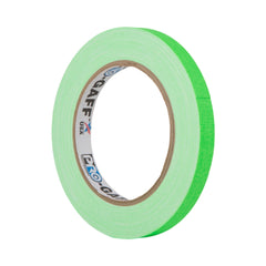 Thin 12mm roll of Pro-Gaff fluorescent green spike tape standing on edge, Pro-Gaff logo printed on the core