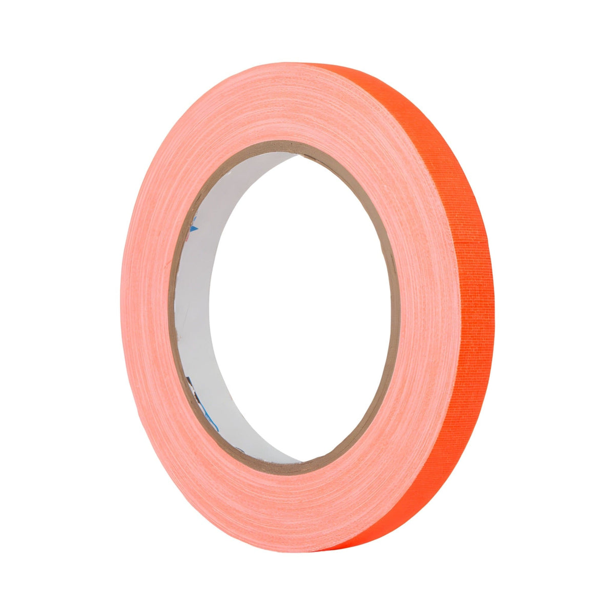 Slim 12mm roll of fluorescent orange Pro-Gaff spike tape on its edge, cardboard core with blue print inside