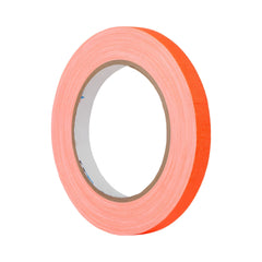 Slim 12mm roll of fluorescent orange Pro-Gaff spike tape on its edge, cardboard core with blue print inside