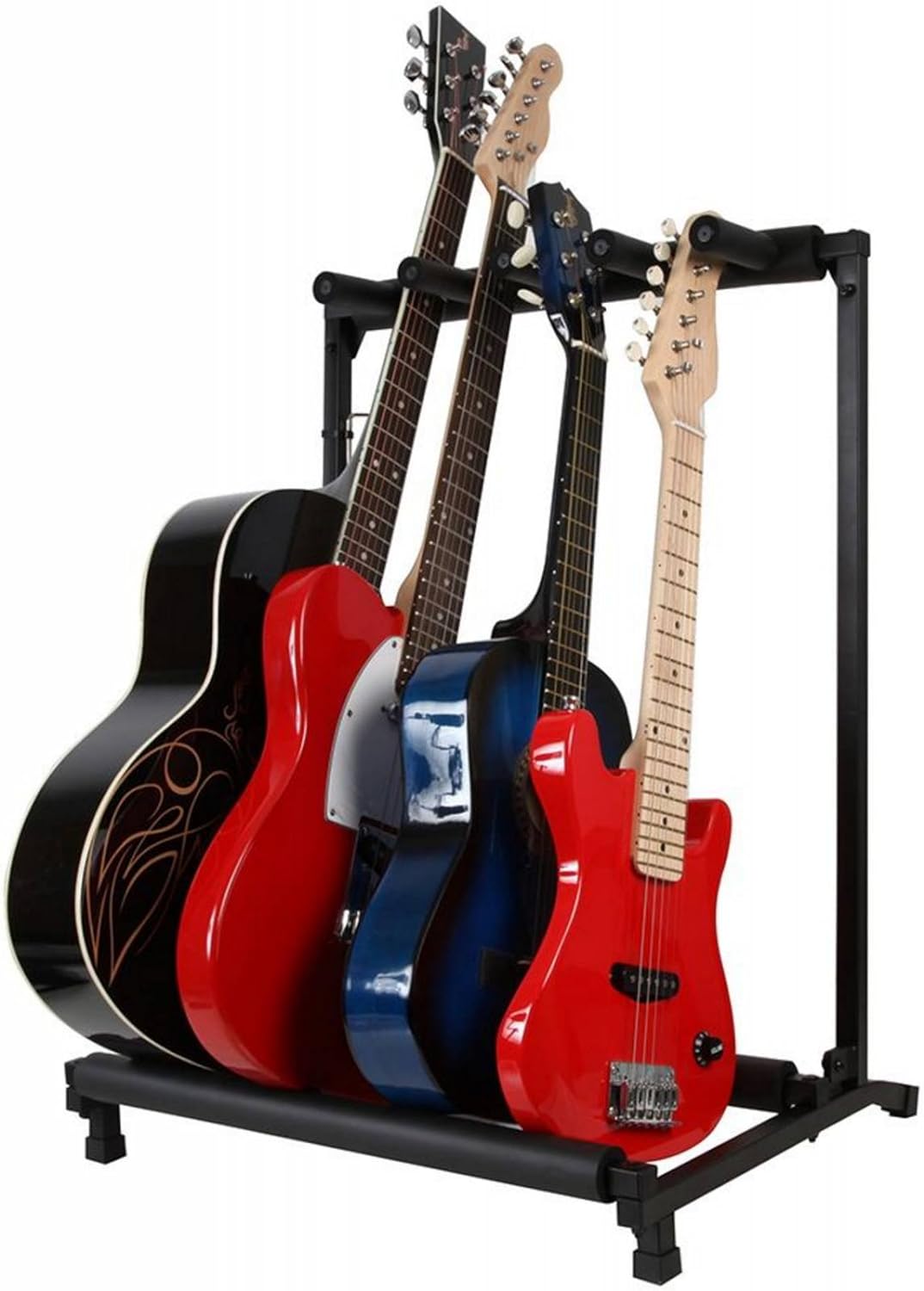 Pulse PLS00428 rack stand holding four guitars: a black acoustic and three electrics