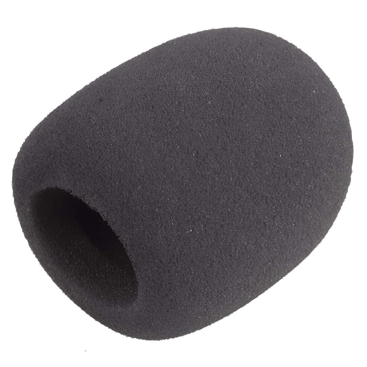 Pulse black foam microphone windshield, rounded shape with the open end that slides over a handheld mic grille