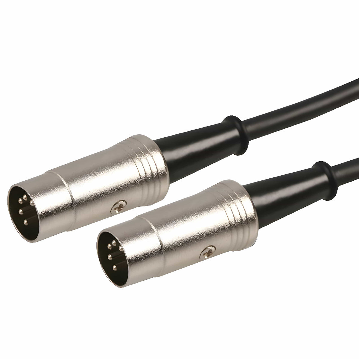 Pulse 5-pin DIN MIDI cable, two metal DIN plugs with black rubber strain reliefs, five pins visible