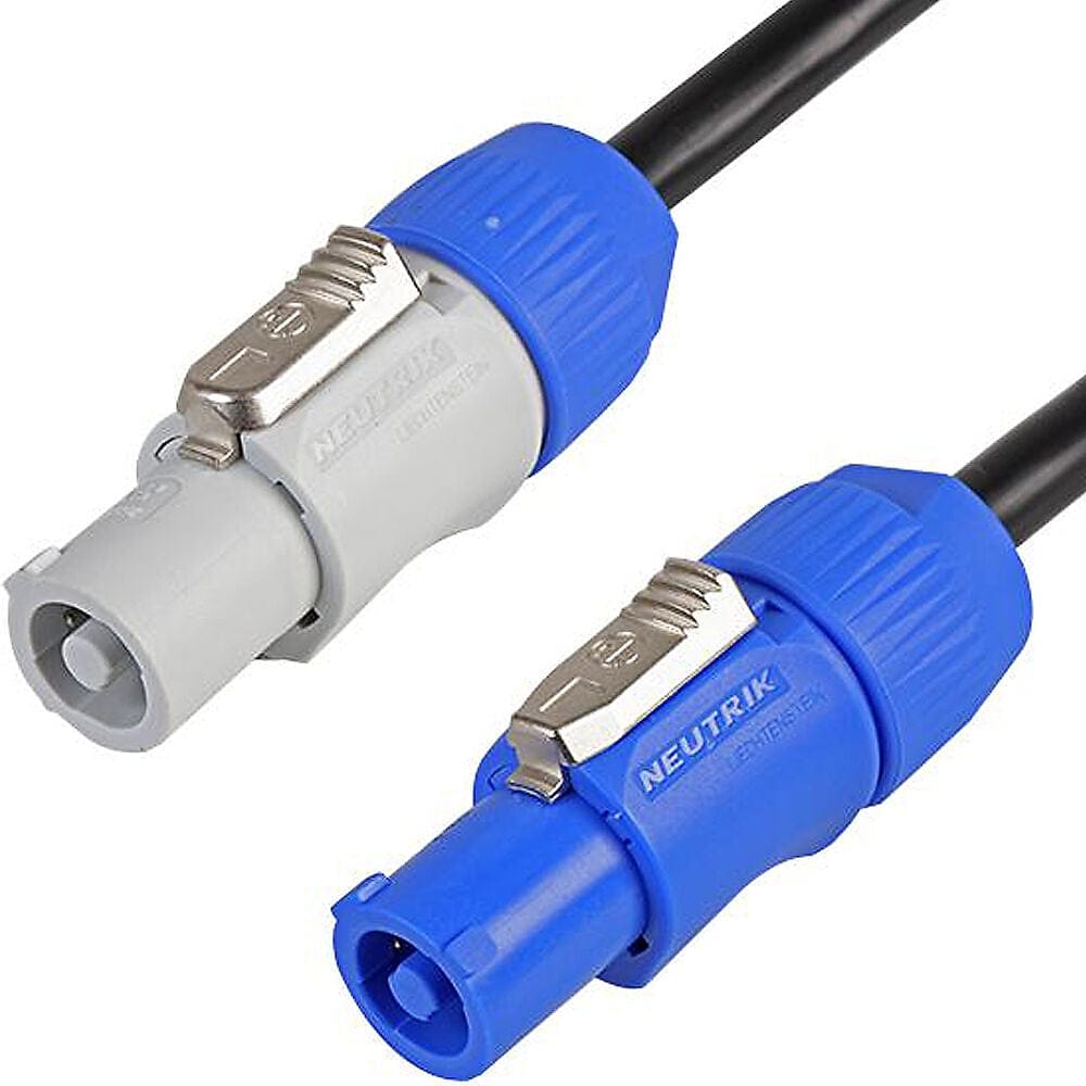 Pulse powerCON link lead ends: grey Neutrik power-out connector and blue Neutrik power-in connector, black cable
