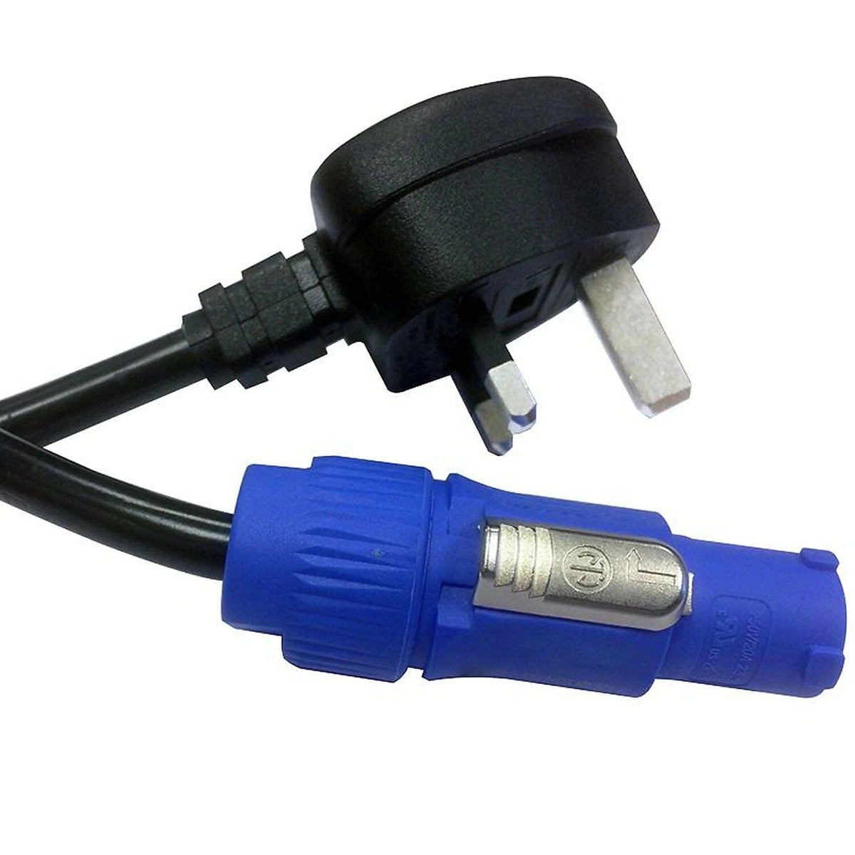 Pulse powerCON mains lead: black moulded UK 13A plug above a blue Neutrik powerCON connector with its locking latch