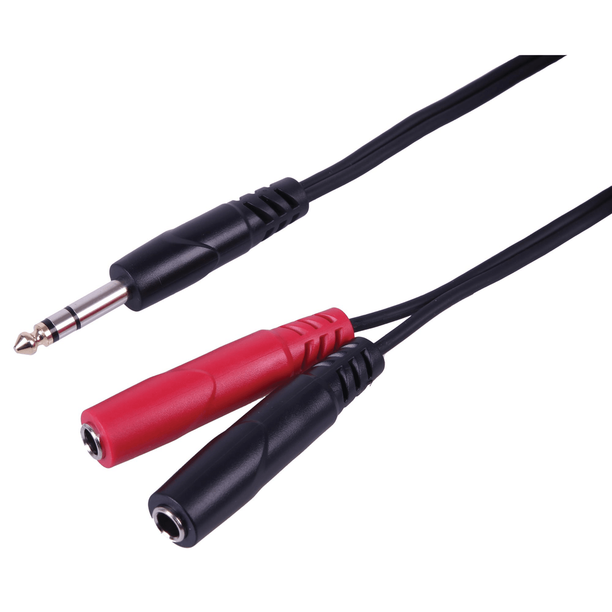 Pulse stereo jack splitter: 1/4" stereo jack plug and two mono jack sockets, one red and one black, on black cable