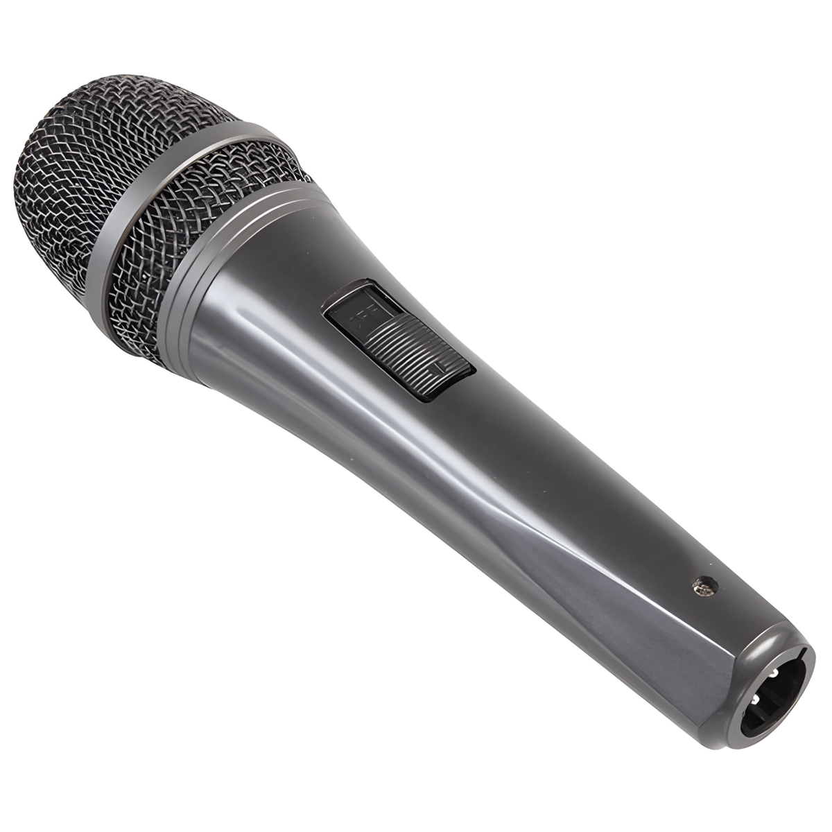Pulse PLS00543 dynamic vocal mic in gunmetal grey with metal mesh head, flush on/off switch and XLR connector in the base