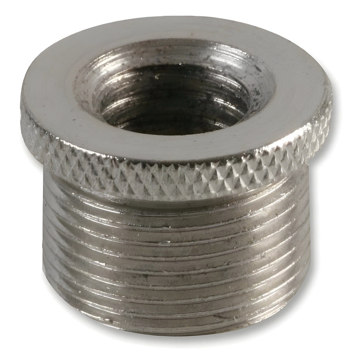 Pulse PLS00072 mic thread adaptor in silver metal on white, knurled flange above the 5/8" male outer thread