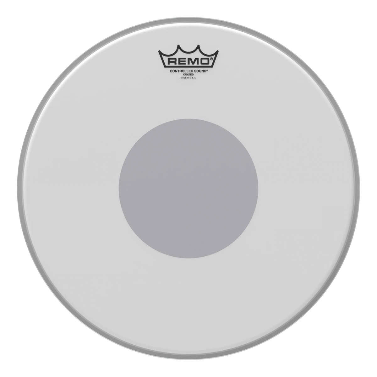 Remo Controlled Sound Coated 14" snare head, front view, with the bottom black dot showing grey through the coating