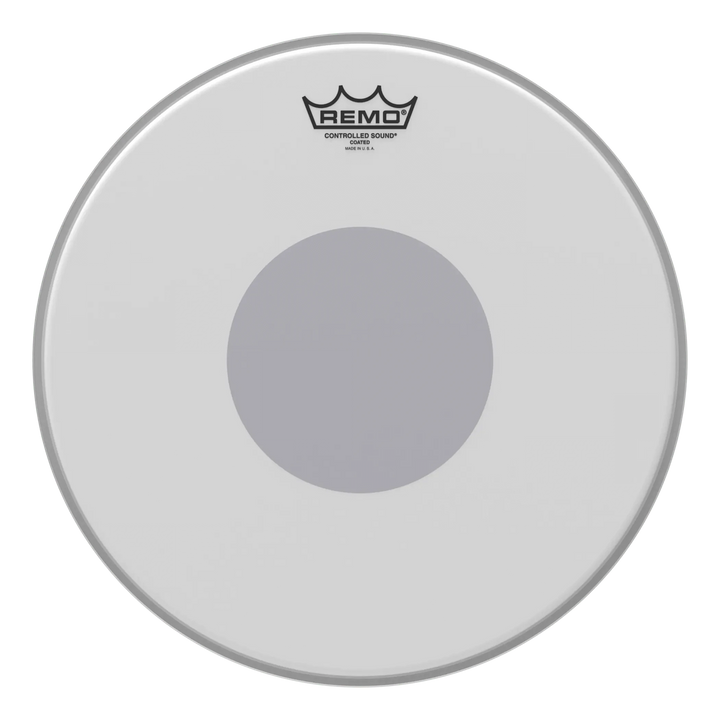 Remo Controlled Sound Coated 14" snare head, front view, with the bottom black dot showing grey through the coating