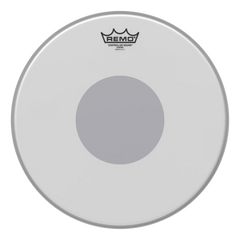 Remo Controlled Sound Coated 14" snare head, front view, with the bottom black dot showing grey through the coating