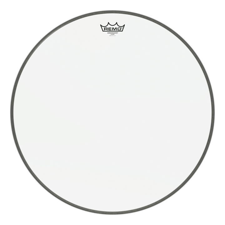 Large-diameter Remo Ambassador Clear head, clear film with dark collar edge