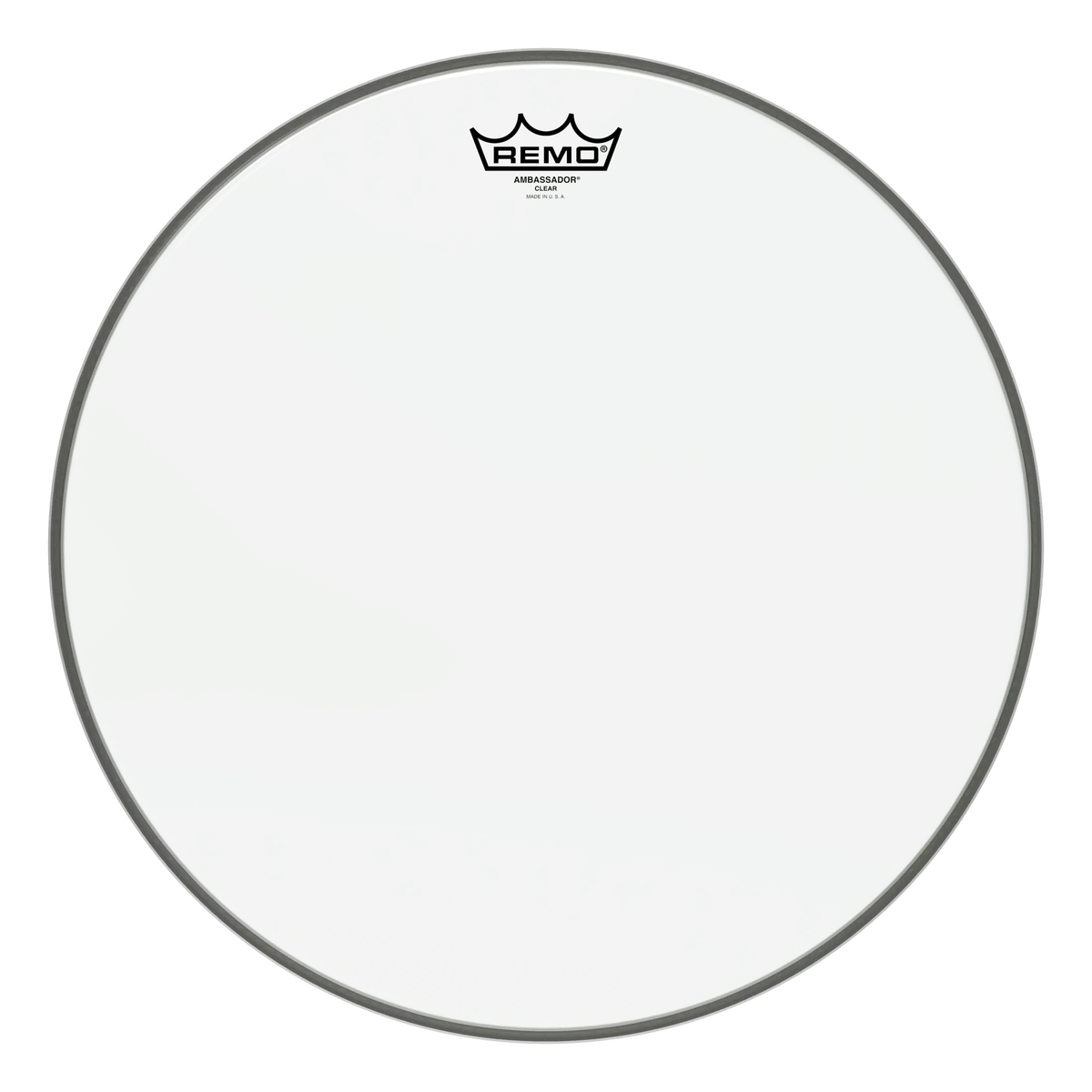 Larger Remo Ambassador Clear drum head, front view with small crown logo