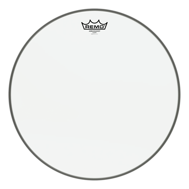 Larger Remo Ambassador Clear drum head, front view with small crown logo