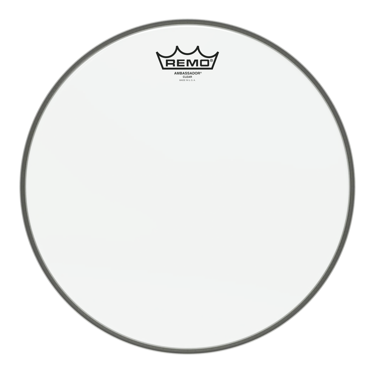 Remo Ambassador Clear drum head, mid size, crown logo at the top of the transparent film