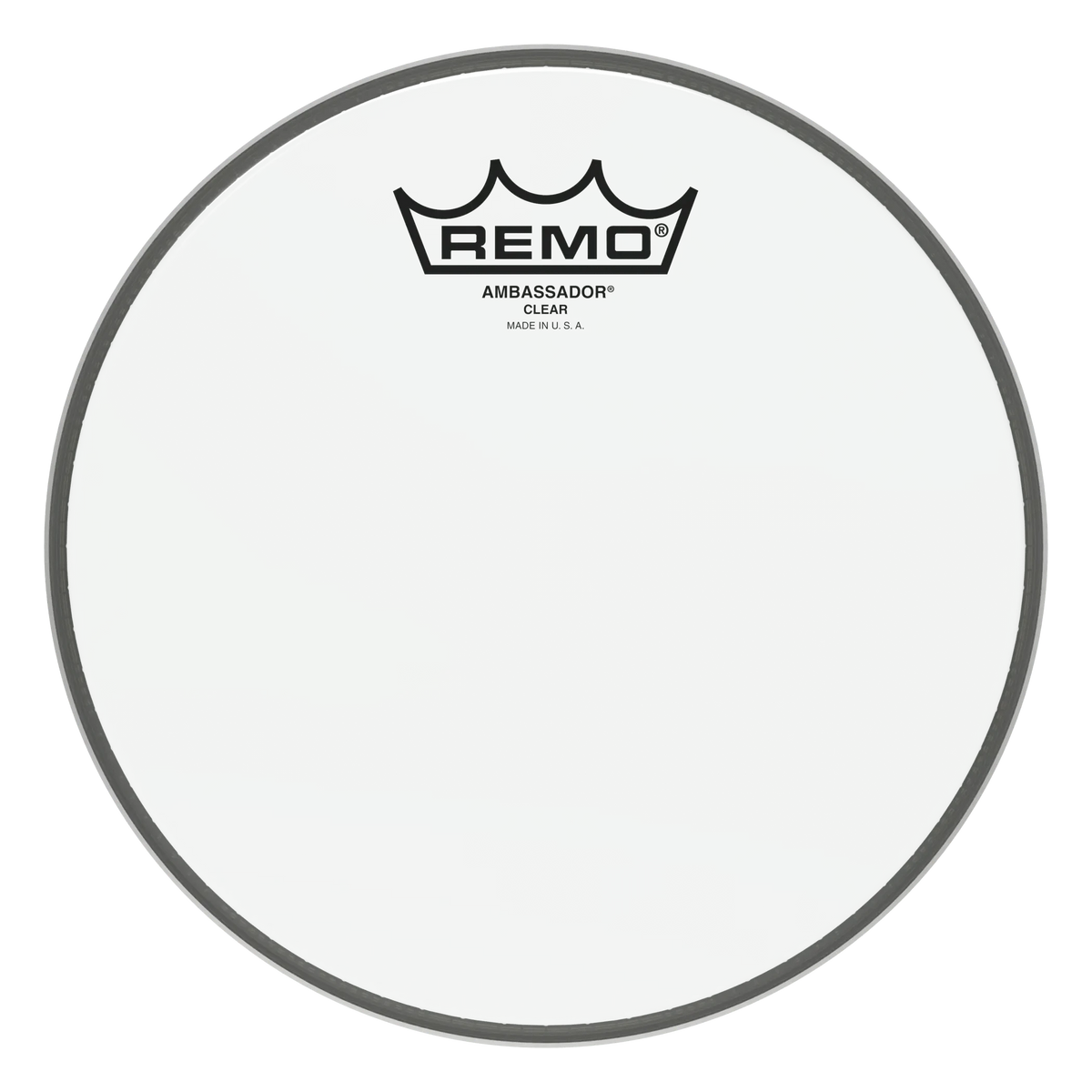 Small Remo Ambassador Clear drum head, logo reading Ambassador Clear, Made in U.S.A.
