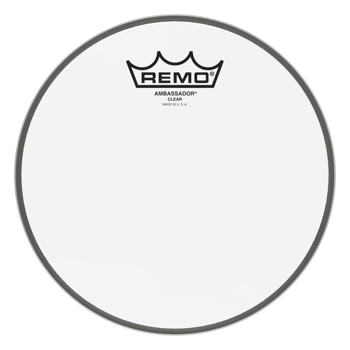 Small Remo Ambassador Clear drum head, logo reading Ambassador Clear, Made in U.S.A.