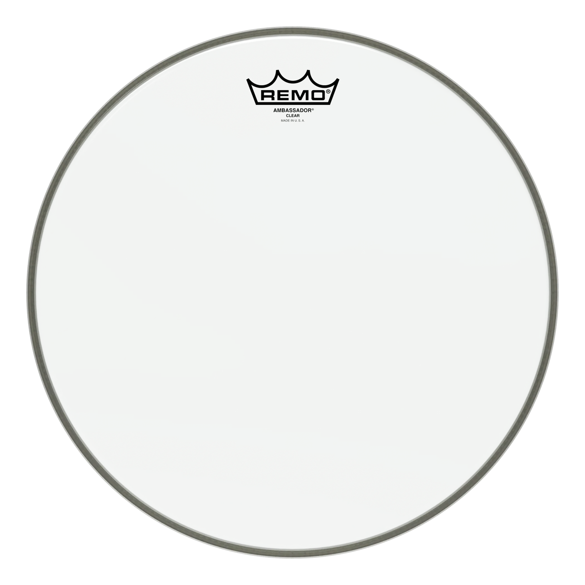 Remo Ambassador Clear drum head, mid tom size, front view with black crown logo on clear film