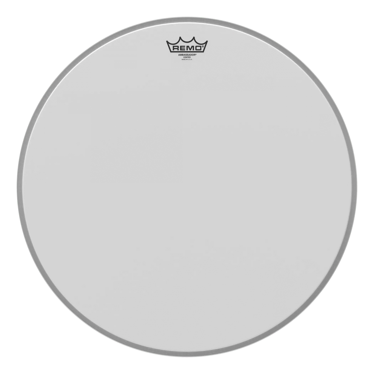 Large-diameter Remo Ambassador Coated head, front view with small logo