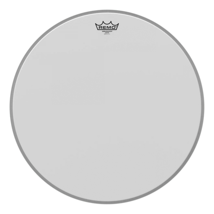 Large-diameter Remo Ambassador Coated head, front view with small logo