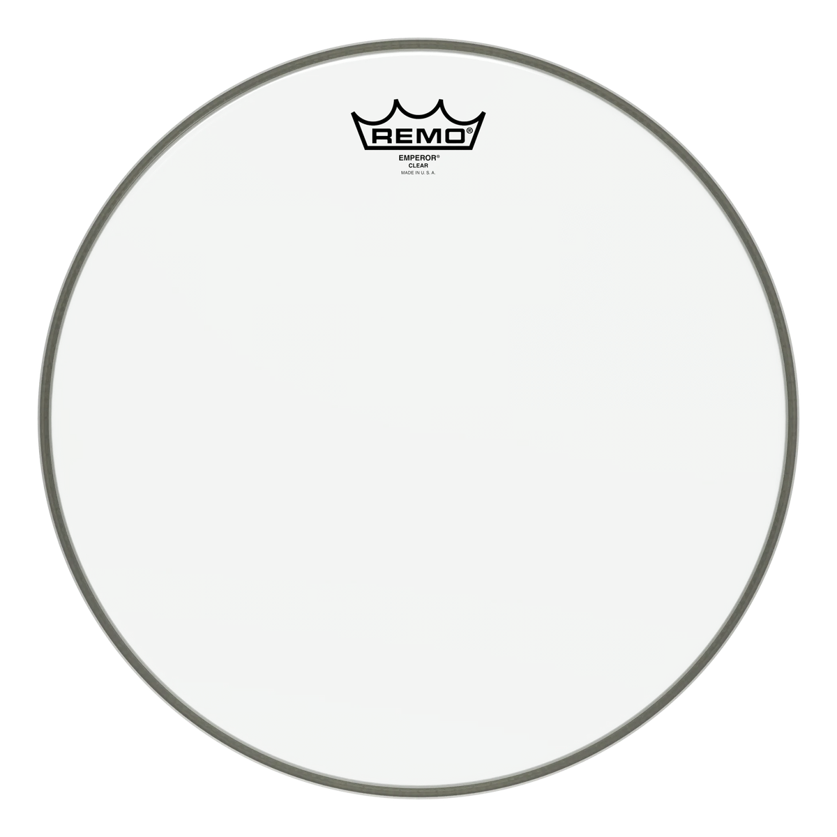 Remo Emperor Clear two-ply drum head, mid size, front view with black crown logo