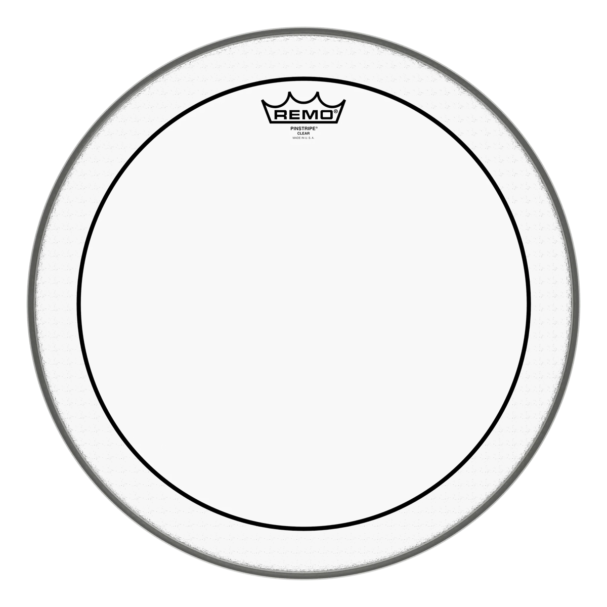 Largest Remo Pinstripe Clear head in the photos, pinstripe ring and outer edge visible