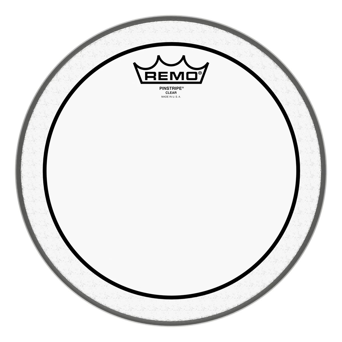Smallest Remo Pinstripe Clear head in the photos, logo reading Pinstripe Clear, Made in U.S.A.