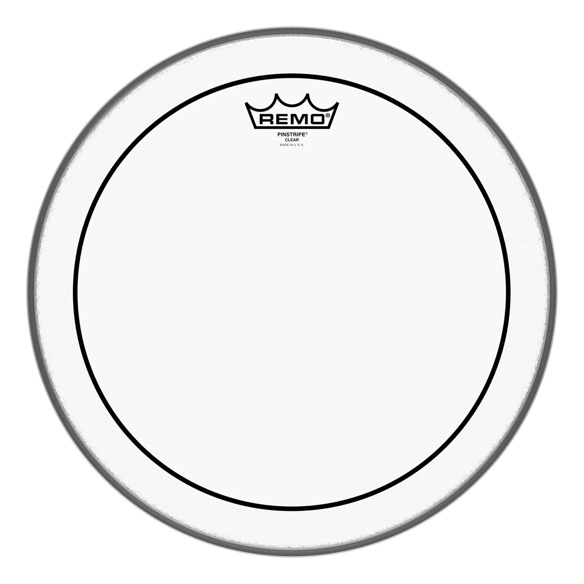 Remo Pinstripe Clear two-ply head, mid size, showing the black pinstripe ring inside the edge