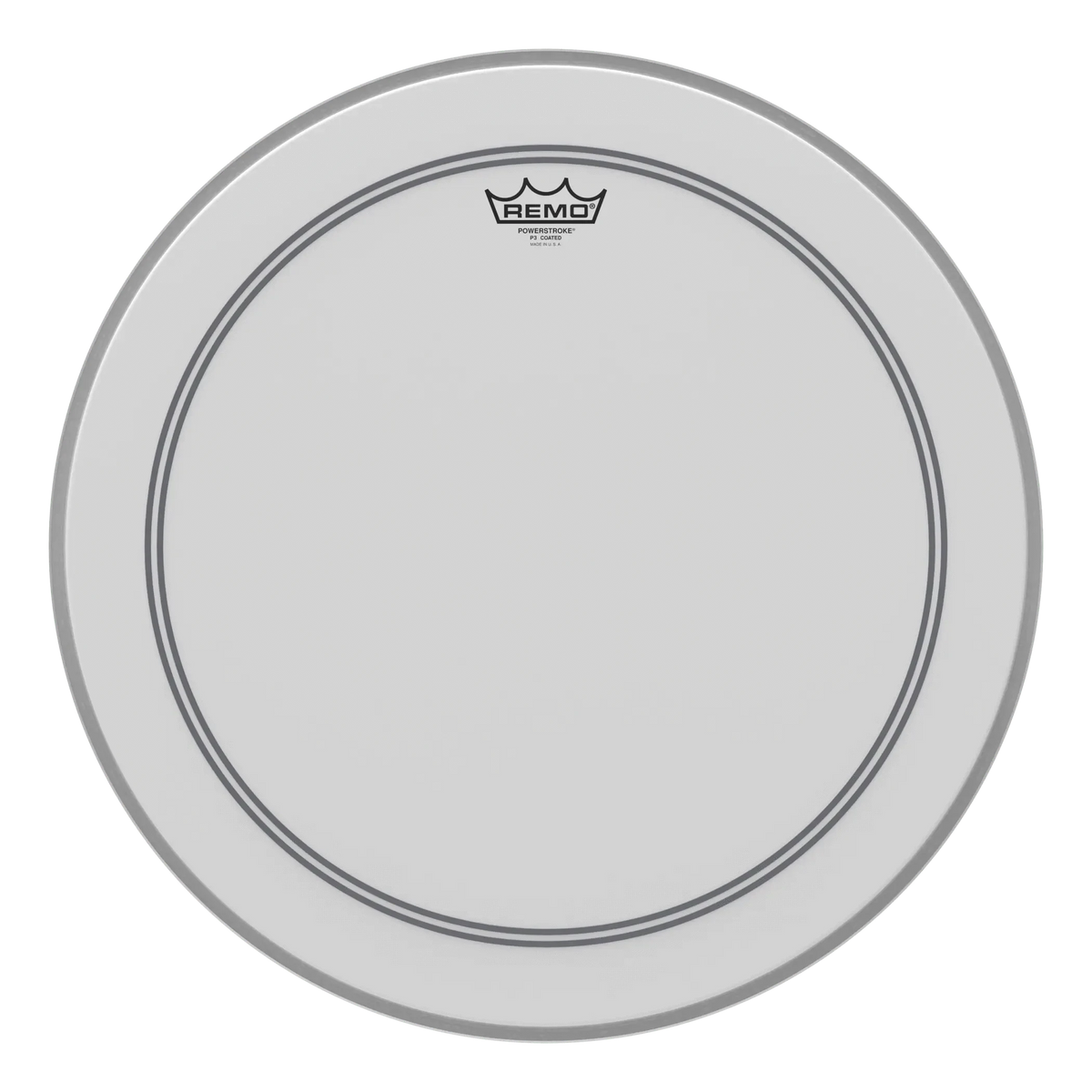 Coated Remo Powerstroke 3 bass head, white film with crown logo and inner ring