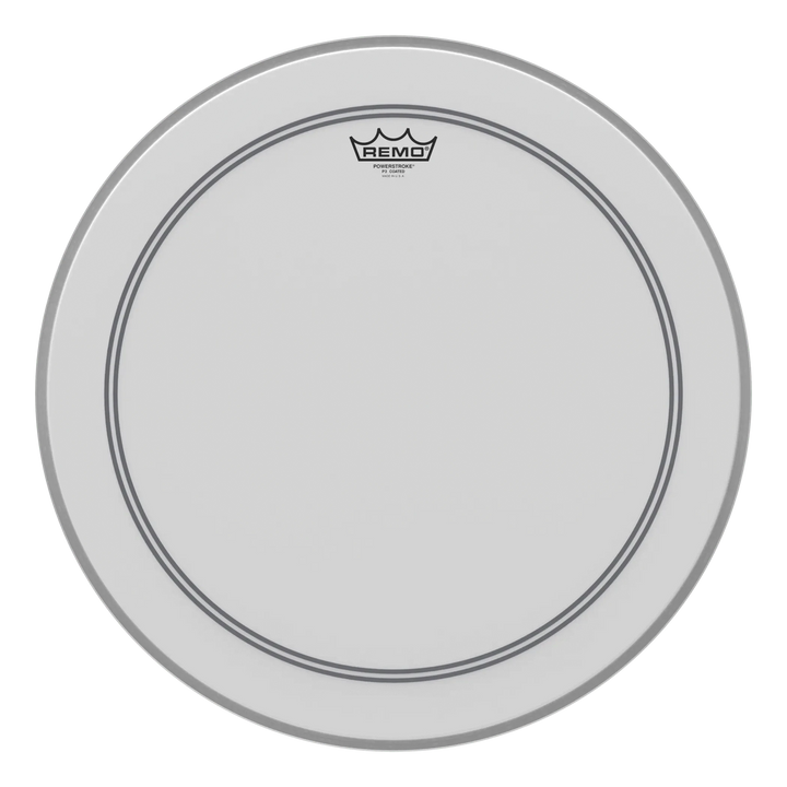 Coated Remo Powerstroke 3 bass head, white film with crown logo and inner ring