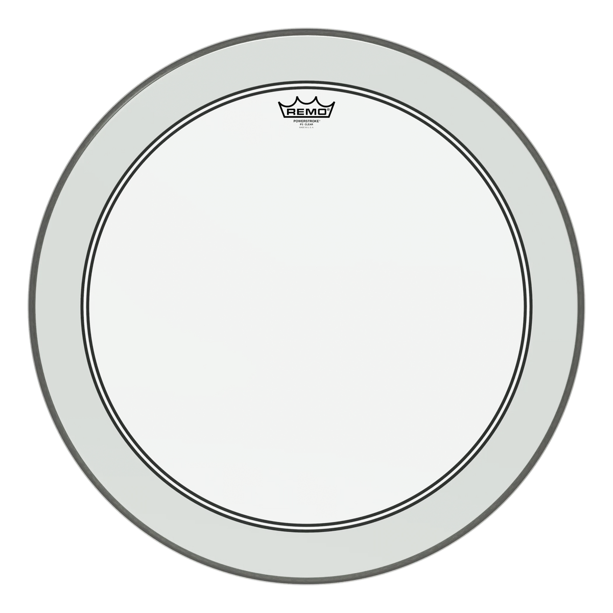 Largest clear Remo Powerstroke 3 bass drum head in the photos, front view