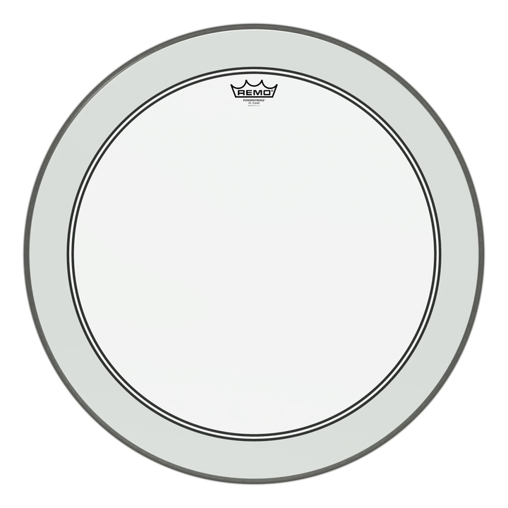 Largest clear Remo Powerstroke 3 bass drum head in the photos, front view