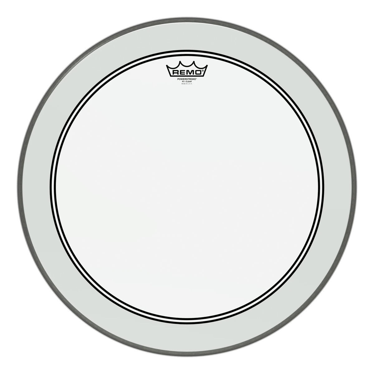 Clear Remo Powerstroke 3 kick drum head, inlay ring visible through the clear film