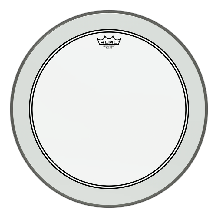 Clear Remo Powerstroke 3 kick drum head, inlay ring visible through the clear film