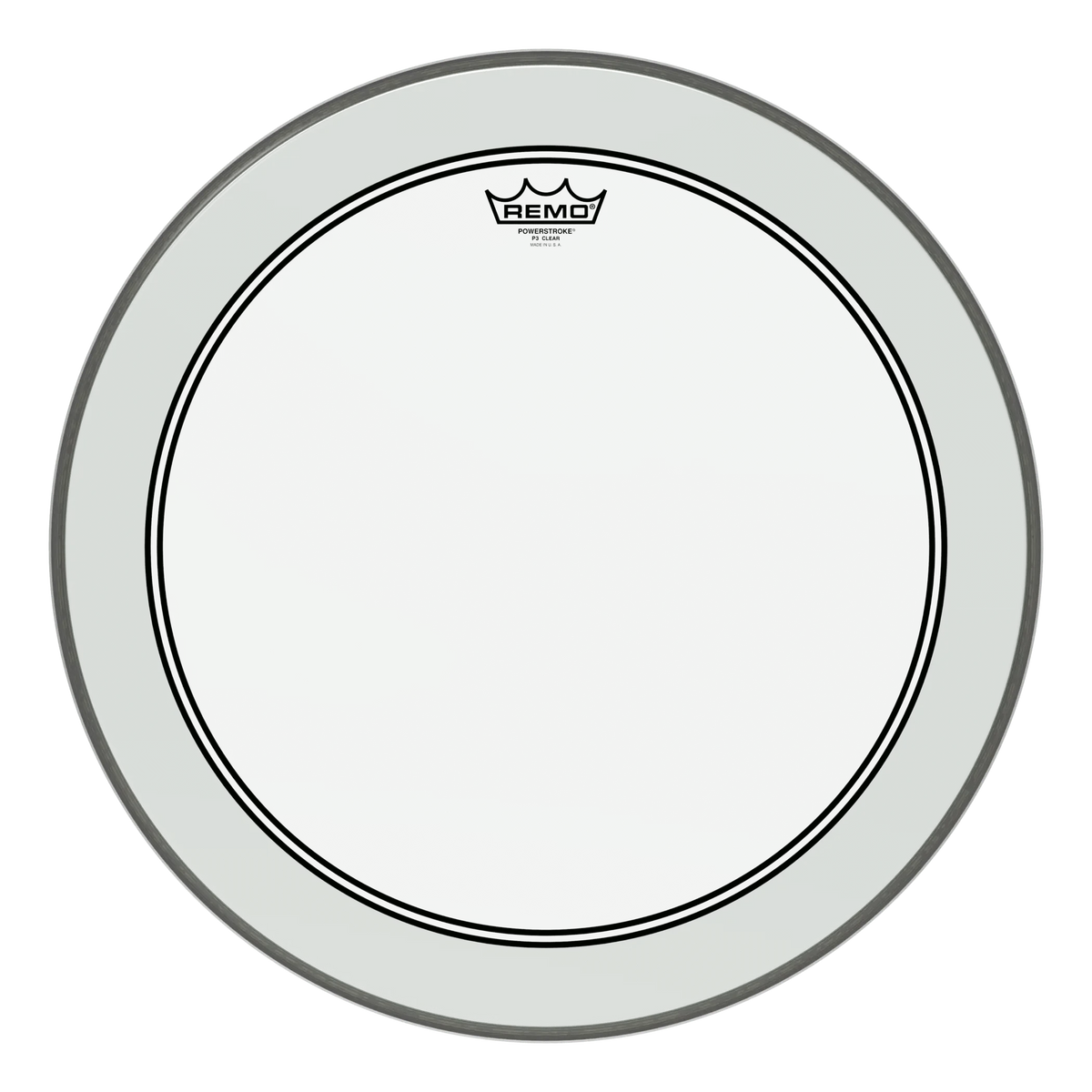 Remo Powerstroke 3 Clear bass drum head showing the wide inlay ring around the edge