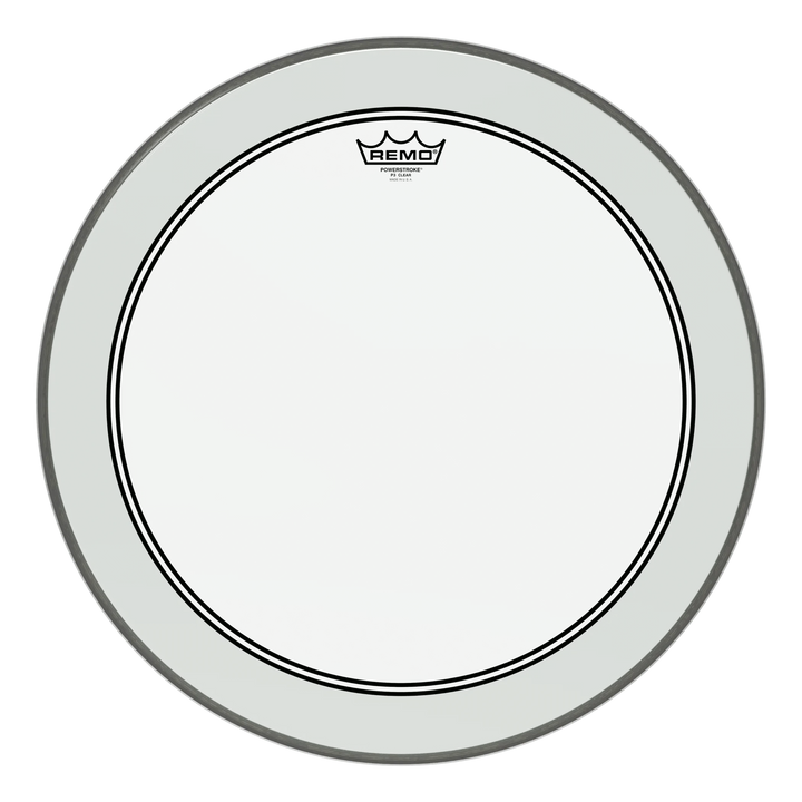 Remo Powerstroke 3 Clear bass drum head showing the wide inlay ring around the edge