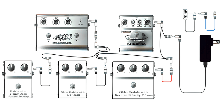 Setup diagram of the DC OnTap daisy-chaining pedals with 2.5mm jacks, 1/8in jacks and reverse-polarity 2.1mm sockets
