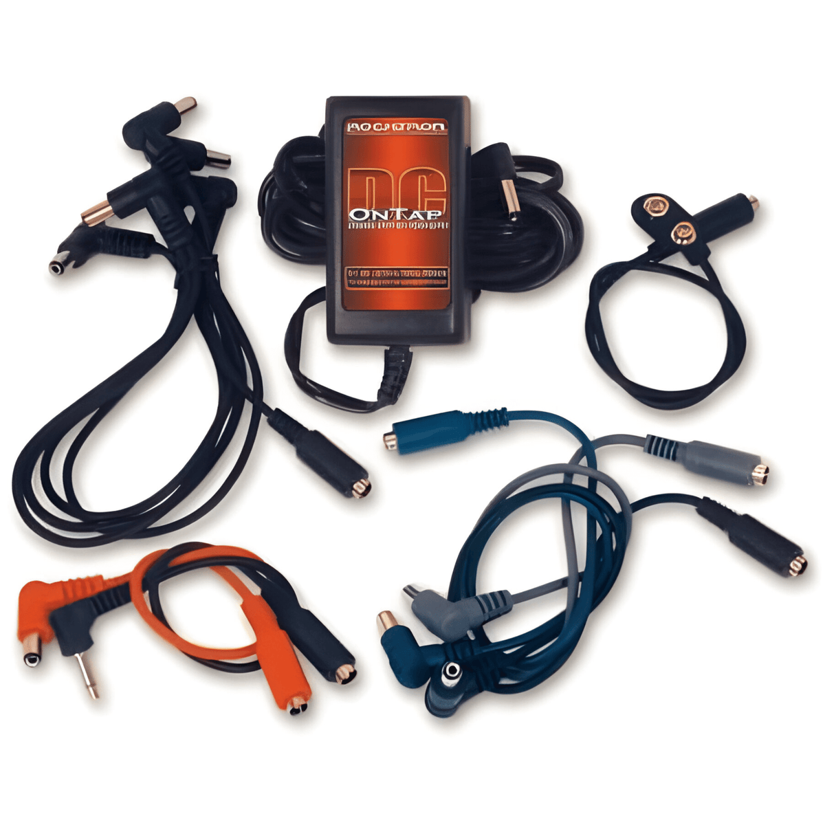 Rocktron DC OnTap power supply surrounded by its coiled daisy-chain and colour-coded adaptor cables