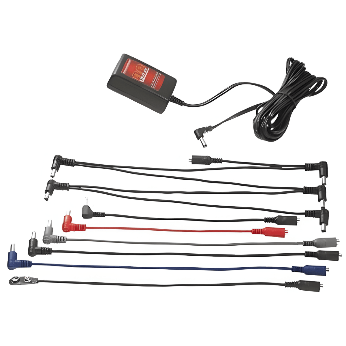 Rocktron DC OnTap 9V adaptor with its daisy-chain, extender, reverse-polarity and battery-clip cables laid out in rows