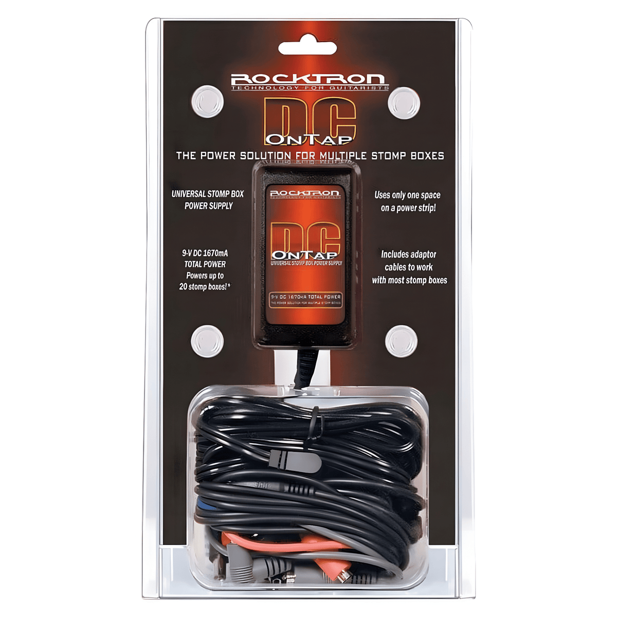Rocktron DC OnTap universal stomp box power supply in its blister pack, marked 9V DC 1670mA, powers up to 20 stomp boxes