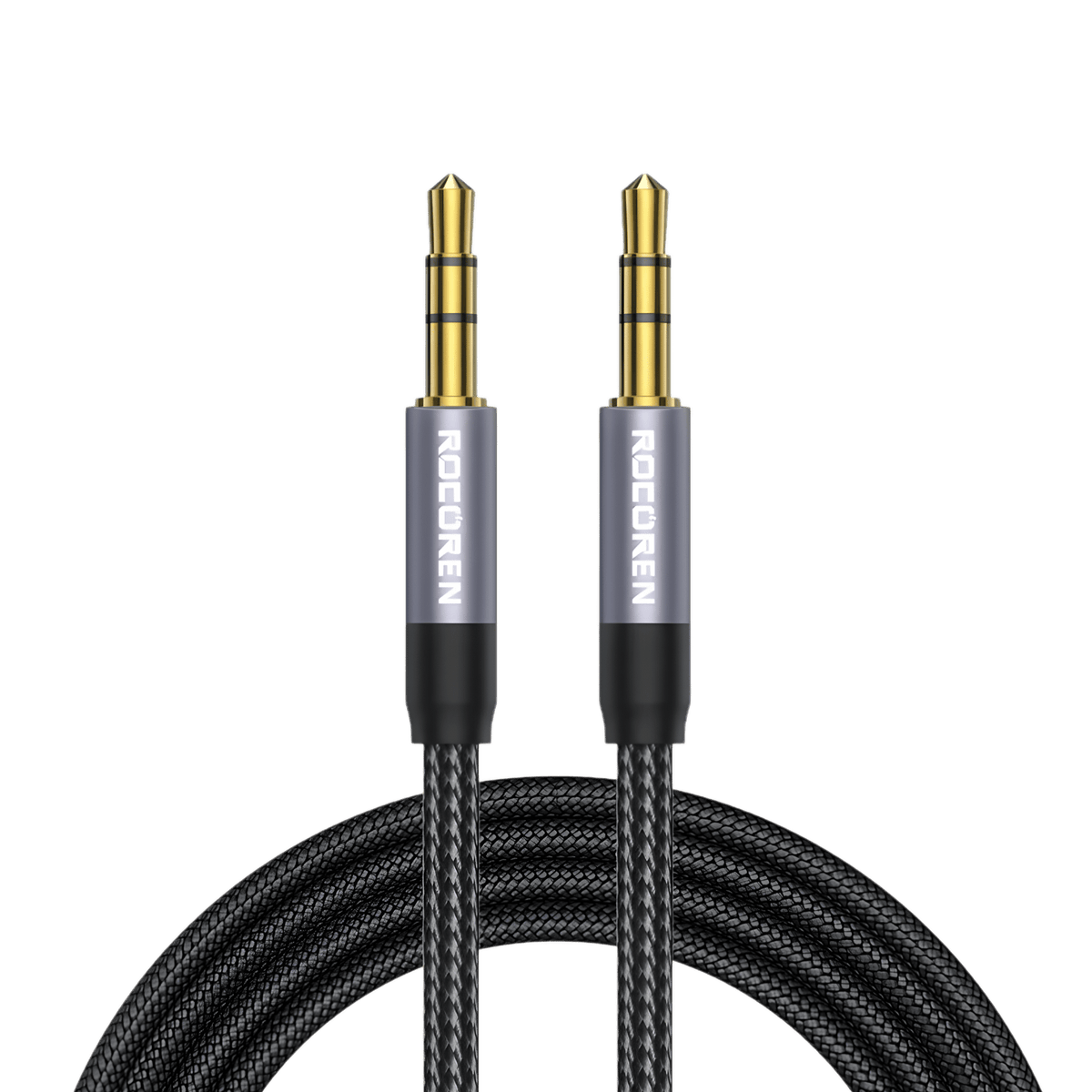 Rocoren braided 3.5mm aux cable: two gold-plated 3.5mm stereo plugs with grey ROCOREN shells above the coiled braided cable