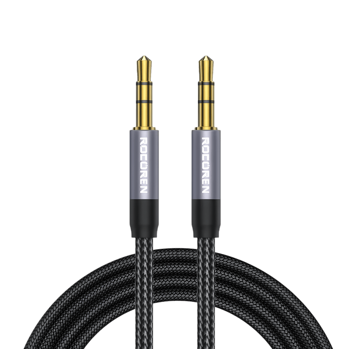 Rocoren braided 3.5mm aux cable: two gold-plated 3.5mm stereo plugs with grey ROCOREN shells above the coiled braided cable