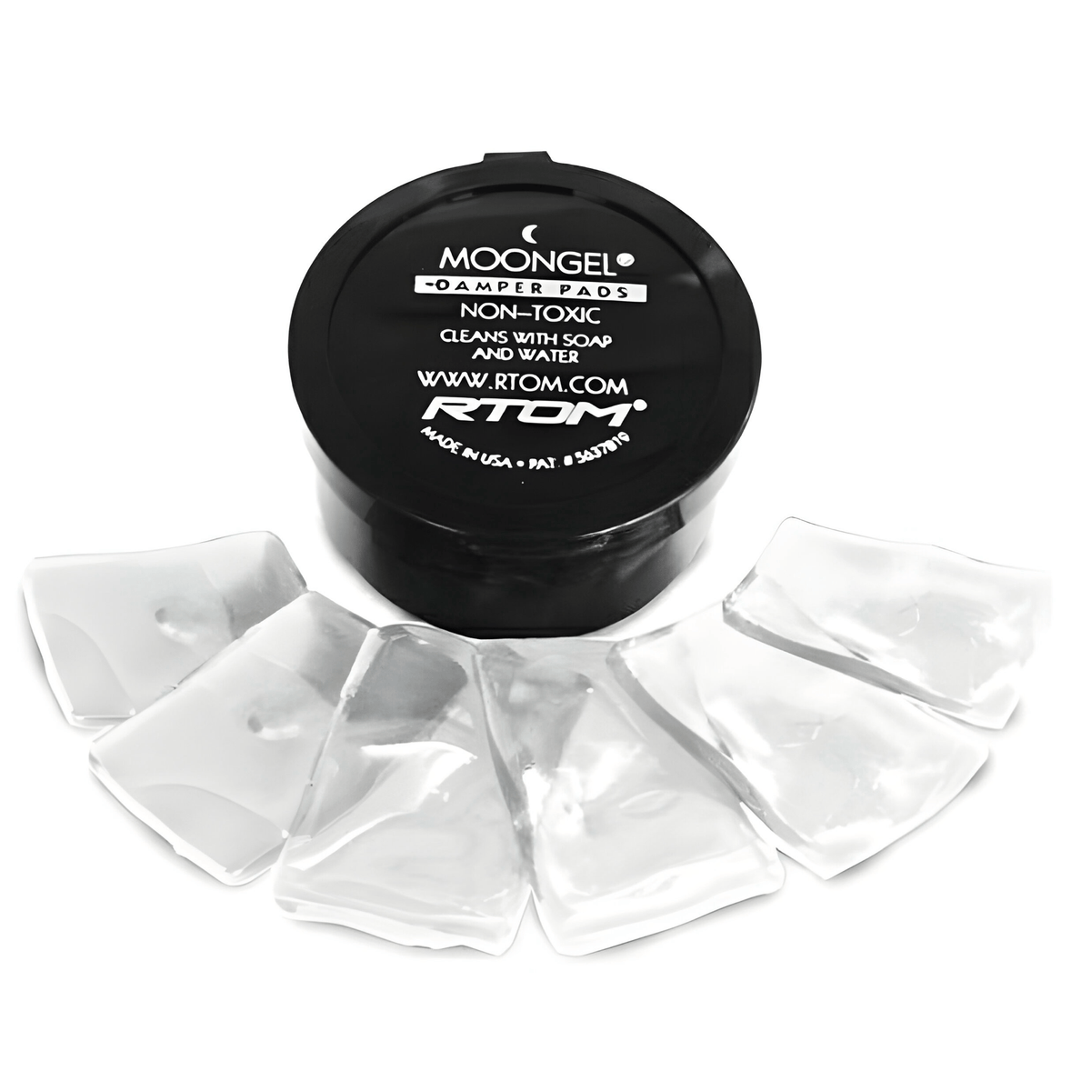 RTOM Moongel damper pads: black storage tub with six clear self-adhesive gel pads laid out in front