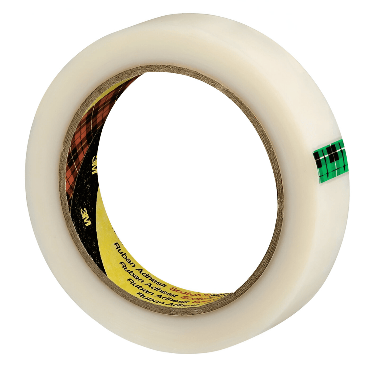 Scotch Magic 25mm tape roll, angled view of the frosted matt tape wound on a tartan-printed 3M core