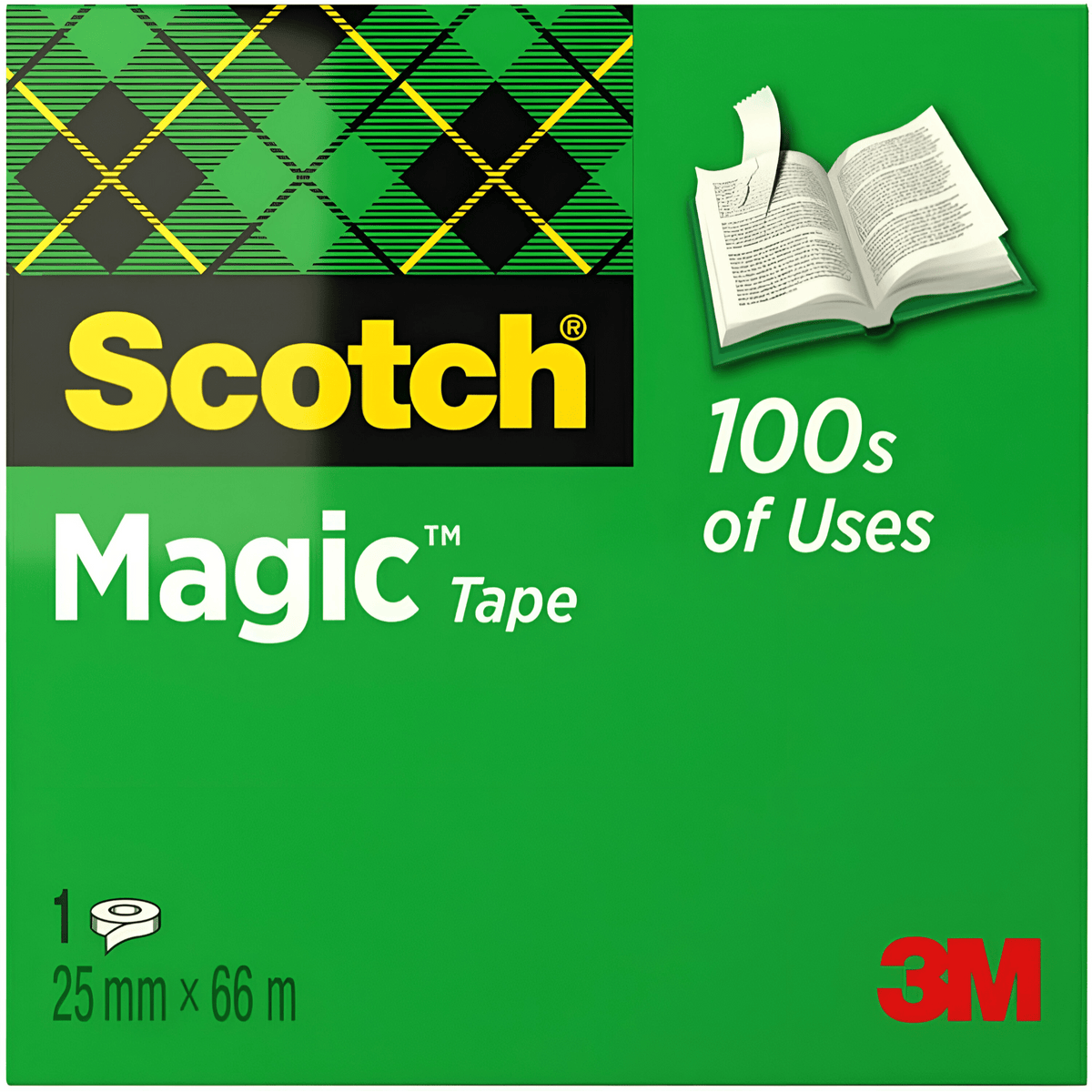 Scotch Magic Tape box front: green pack with tartan band, 100s of uses, 1 roll 25mm x 66m, 3M logo